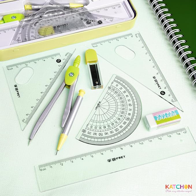 KatchOn, Geometry Set for Students - 8 Pieces | Metal Compass, Protractor, Eraser, Triangle Ruler, Lead Refills and Metal Box | Protractor and Compass Set | Back to School Supplies | Class Supplies