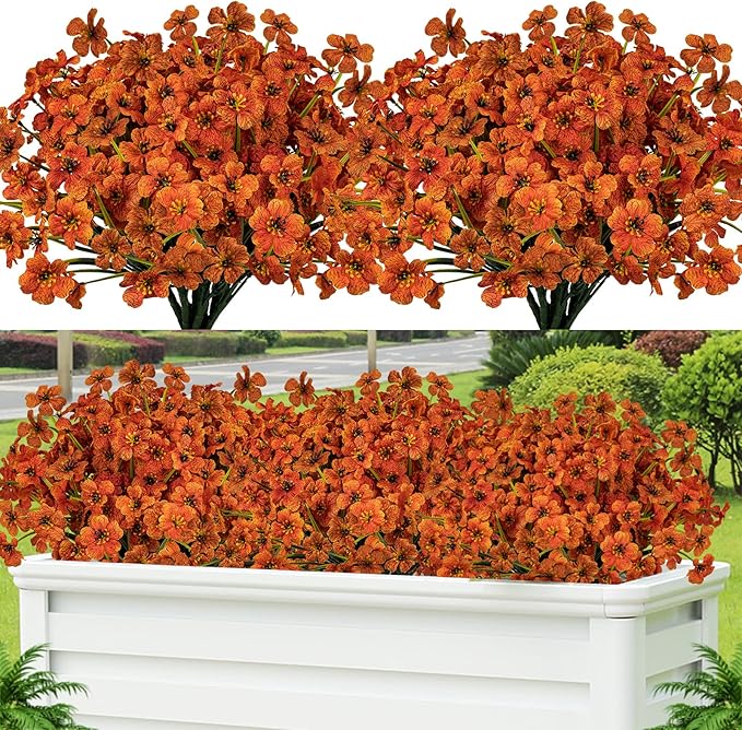 Lnoicy 24 Pcs Artificial Flowers for Outdoor,Plastic Flowers Decoration, UV Resistant Faux Flowers Shrubs, Artificial Plants for Indoor Outside Garden Home Wedding Farmhouse(Orange)