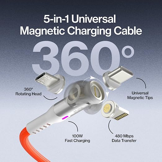 Statik 360 Pro Magnetic Charging Cable - Type C Charger Fast Charging 3 in 1 USB C to USB C Cable Micro USB &amp iProduct Tips USB A Adapter Fits All Devices - 100W Fast Charger Black 10FT/3M