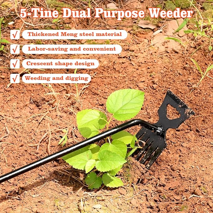 Weed Puller Tool Garden Weed Pulling Tool, 4-Tine Manganese Steel Weeder Tool - Black Coated Forged Portable Garden Hand Weeder for Farm, Orchard & Garden (2Pack)