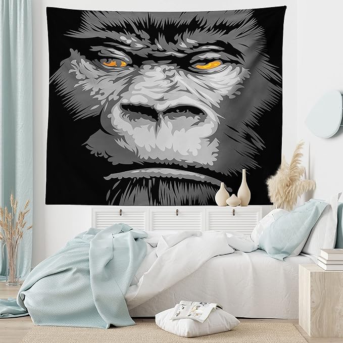 Ambesonne Modern Tapestry, Close up Gorilla Portrait with Orange Eyes Zoo Jungle Animal Wild Money Graphic, Fabric Wall Hanging Decor for Bedroom Living Room Dorm, 30" X 45", Grey Marigold
