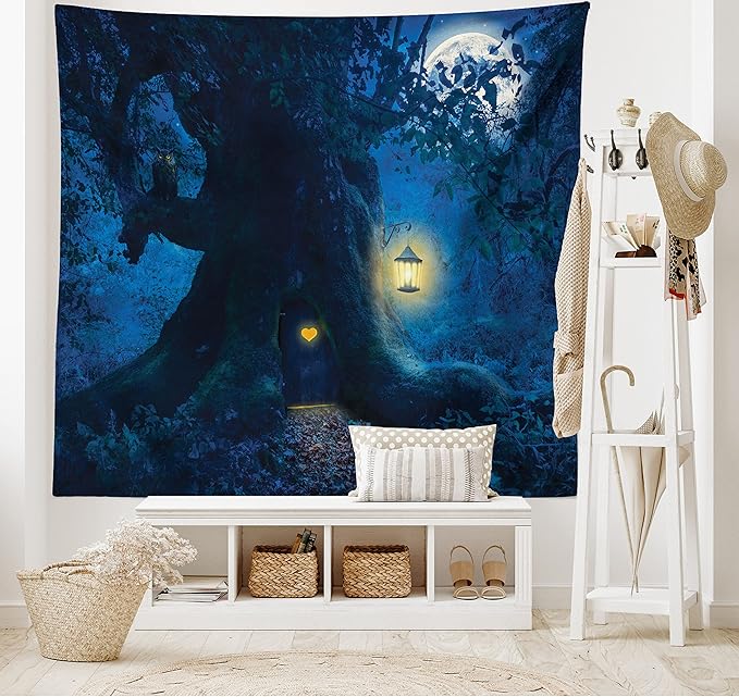 Ambesonne Fantasy Tapestry Twin Size, Night with a Little Home in The Trunk of an Tree in The Woods Print, Wall Hanging Bedspread Bed Cover Wall Decor, Twin Size, Navy Blue