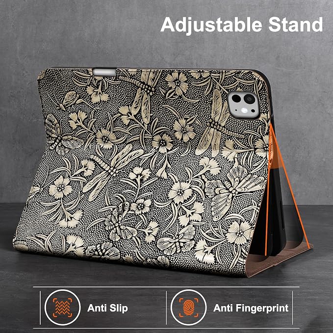 Gexmil Leather Case for iPad Pro 11 Inch M5/M4 2025/2024Crocodile Brown | Genuine Leather CoverPencil HolderMagnetic ClosureSmart Folio Auto Sleep/WakeProtectiveAdjustable Stand