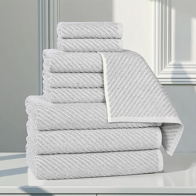 Superior Amelia Viscose Cotton Blend Medium Weight Towels, for Bathroom, Shower, Spa, Plush, Quick Dry, Ultra-Soft Towels, Bath Essentials, Ribbed Design, 9 Piece Assorted Towel Set, Platinum