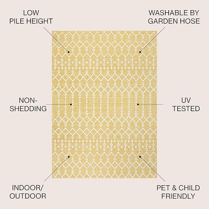 JONATHAN Y SMB108G-5R Ourika Moroccan Geometric Textured Weave Indoor Outdoor Area Rug, Coastal, Bohemian, Modern Easy-Cleaning,Bedroom,Kitchen,Backyard,Patio,Non Shedding, Yellow/Cream, 5' Round