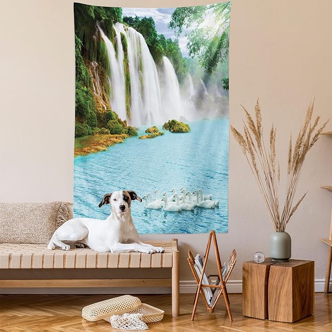 Ambesonne Waterfall Tapestry, Image of a Grand Waterfall with Swans in the Lake Sunny Day Nature Print, Fabric Wall Hanging Decor for Bedroom Living Room Dorm, 23" X 28", White Green