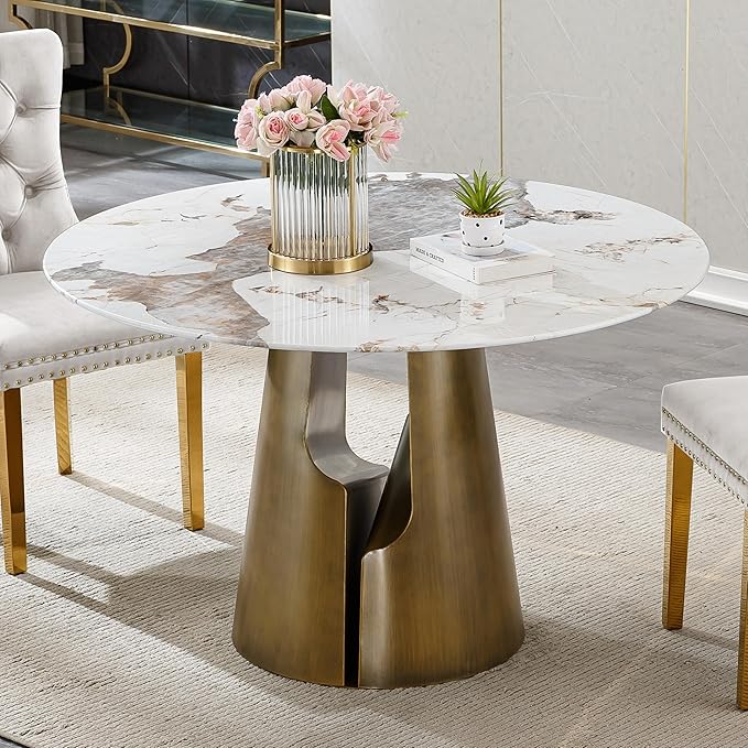 3-Piece Faux Marble Round Dining Table Set for 2, Modern Luxury Kitchen Table Set for 2 with Blue Tufted Chairs,Circle Dining Tables with Pandora Grain Top and Bronze Pedestal Base