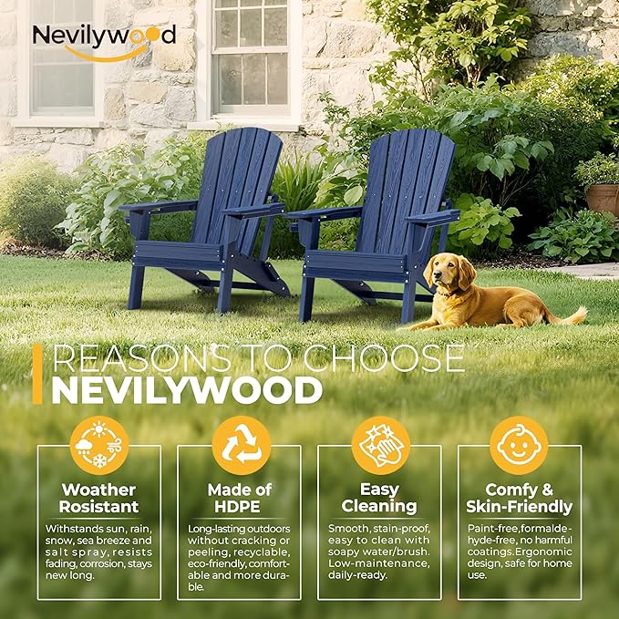 nevilywood Folding Adirondack Chair with Cup Holder Set of 4, HDPE Patio Chairs,All-Weather Outdoor Chairs for Backyard, Deck,Fire Pit-NavyBlue