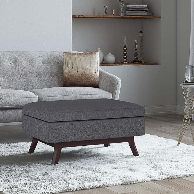 SIMPLIHOME Owen Coffee Table Storage Ottoman - 34 inch Wide Upholstered Linen Look Fabric Rectangular Lift-Top Ottoman in Slate Grey, Mid-Century Modern Bench for Living Room with Tapered Legs