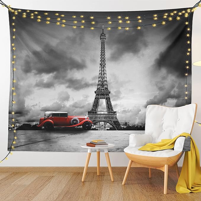 Ambesonne Eiffel Tower Tapestry Queen Size, Image of Eiffel Tower Paris France Vintage Car Street Dark Clouds, Wall Hanging Bedspread Bed Cover Wall Decor, 88" X 88", Black Red