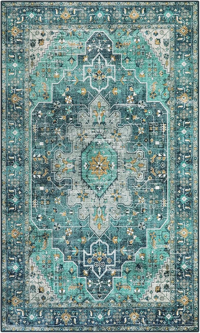 Moynesa Ultra-Thin Washable Vintage Area Rug - 5x7 Large Living Room Rug Boho Oriental Medallion Bedroom Mat Non-Slip Non-Shedding Dining Room Floor Carpet for Home Office, Teal/Mutil