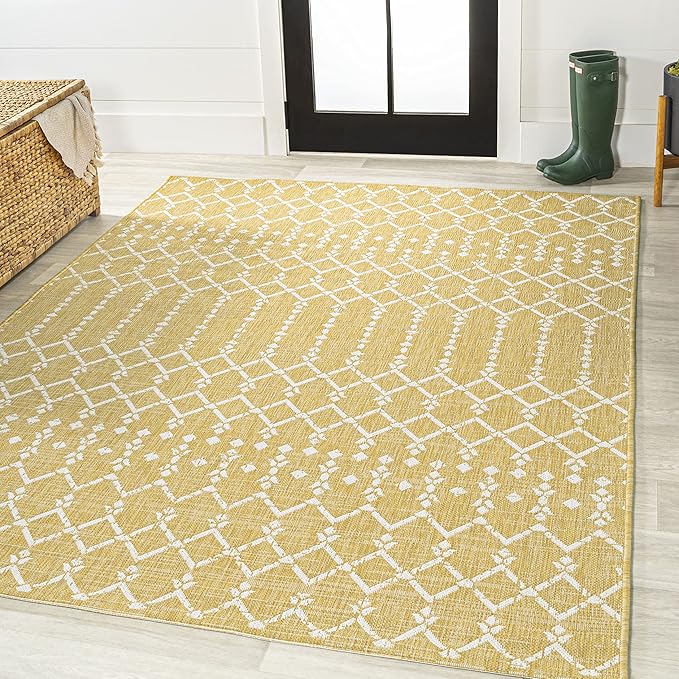 JONATHAN Y Moroccan Geometric Indoor Outdoor Area Rug 4X6 Yellow/Cream, Ourika Textured Weave for Backyard, Patio, Porch, Easy-Cleaning, High Traffic, Pet-Friendly, Non-Shedding (SMB108G-4)