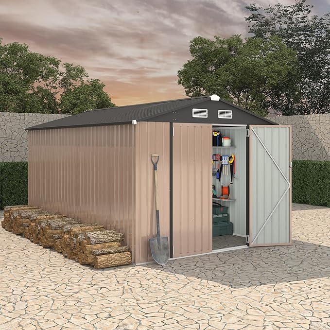 8x12 FT Metal Storage Sheds Outdoor, Metal ToolShed with Lockable Door, Metals Yard Sheds Metals Garden Shed Kit, MetalUtility Sheds Buildings with Air Vent for Backyard Garden Patio Lawn