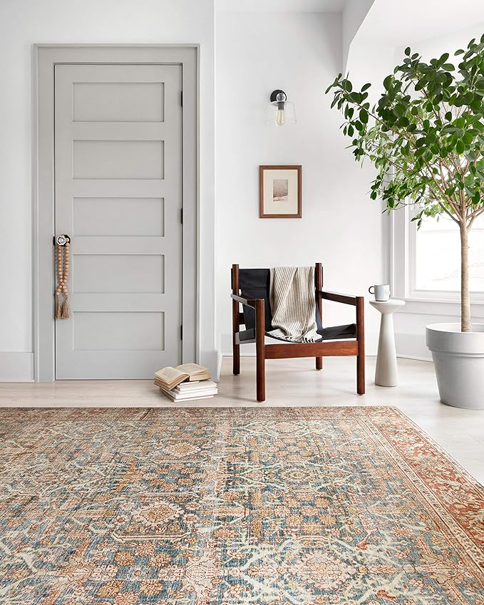Loloi Layla Collection LAY-04 Ocean/Rust 2'-3" x 3'-9" .13" Thick Accent Rug, Soft, Durable, Vintage Inspired, Distressed, Low Pile, Non-Shedding, Easy Clean, Printed, Living Room Rug