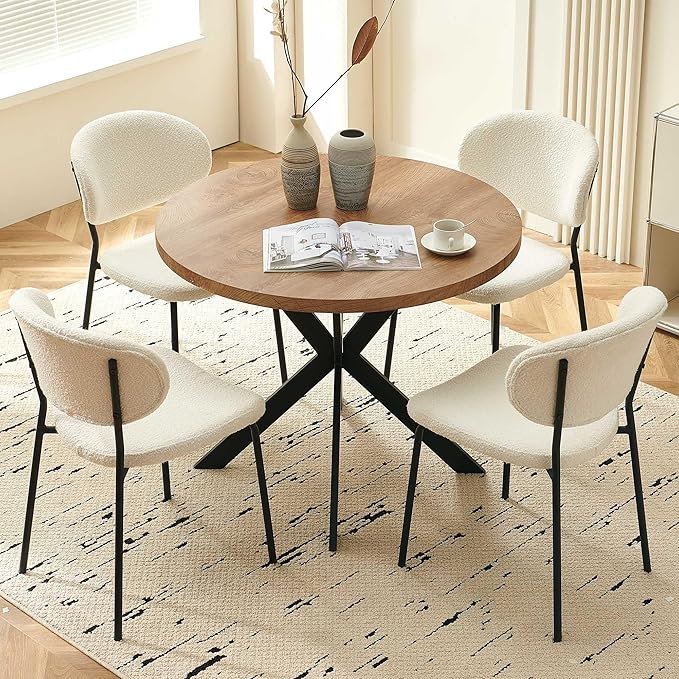 Round Dining Table Set for 4, Modern 5-Piece Kitchen Table Set, 37" Round MDF Living Coffee Table with 4 Seated Boucle Dining Chairs Upholstered, Metal Legs for Dining Hall, Living Room