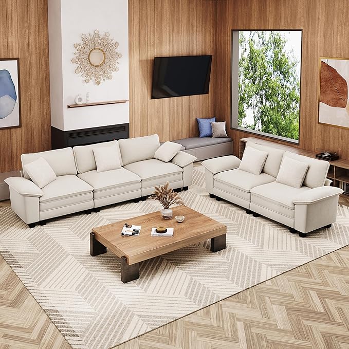 L-Shaped Cloud Modular Sofa Set with Chaise Lounge, 5-Piece Sectional & Deep Seat, Plush Chenille w/Removable Arms for Living Room - Beige
