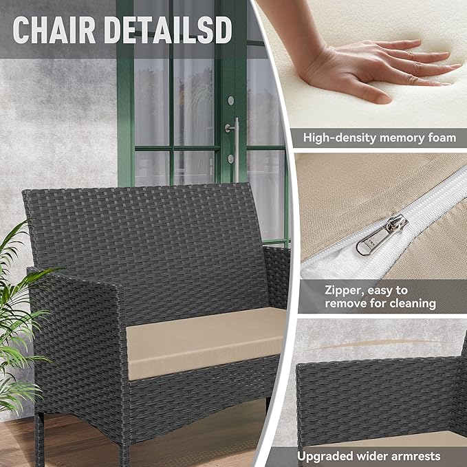 Kurapika Patio Furniture Set 4 Pieces Outdoor Wicker Rattan Chairs Conversation Sets w/Coffee Table, Rocking Bistro Set, for Deck,Patio,Backyard,Lawn (Sand)