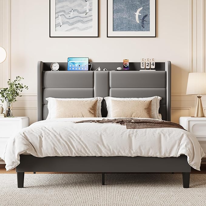 SHA CERLIN Queen Size Bed Frame with Charging Station & Storage Headboard, Velvet Platform Bed with Upholstered Modern Wingback Design, Wooden Slats Support, No Box Spring Needed, Easy Assembly, Grey