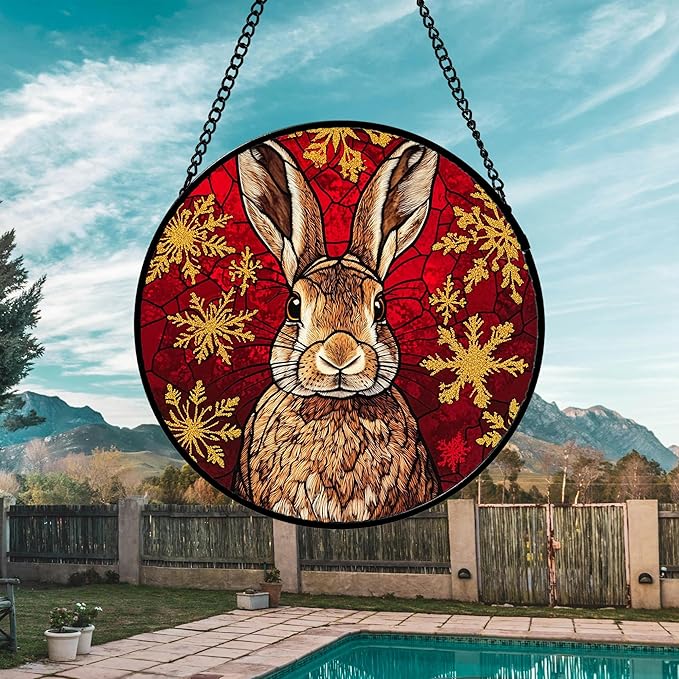 Stained Glass Window Hanging 4 Pcs Set Red Golden Snowflakes Large 11.8" - Christmas Elk Rabbit Suncatcher Door Garden Sun Catcher Decor Birthday for Mom Woman Nana Men