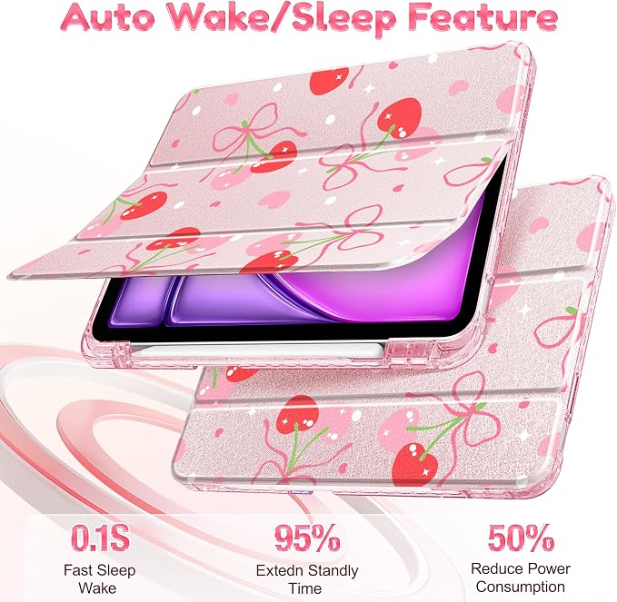 for iPad Air 11 inch M4/M3/M2 (2026/2025/2024) iPad Air 5th/4th Gen (2022/2020) 10.9 inch with Pencil Holder Glitter Clear Pretevtive Cover Auto Wake/Sleep Black Cartoon Stickers