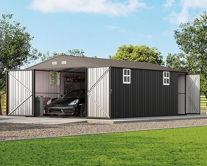 Jocisland 10.1x20.7x7.3 FT Heavy Duty Carport, Metal carport with 2 Lockable Doors & 4 Windows, Carport Canopy for for Car, Midsize SUV, Garbage Can, Tool, Lawnmower, Dark Gray