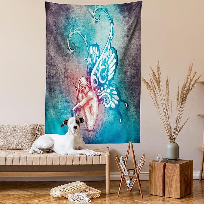 Ambesonne Butterfly Tapestry, with Butterfly Wings Renewal Female Rebirth Psyche Lightness of Being, Wall Hanging for Bedroom Living Room Dorm Decor, 60" X 80", Blue Purple