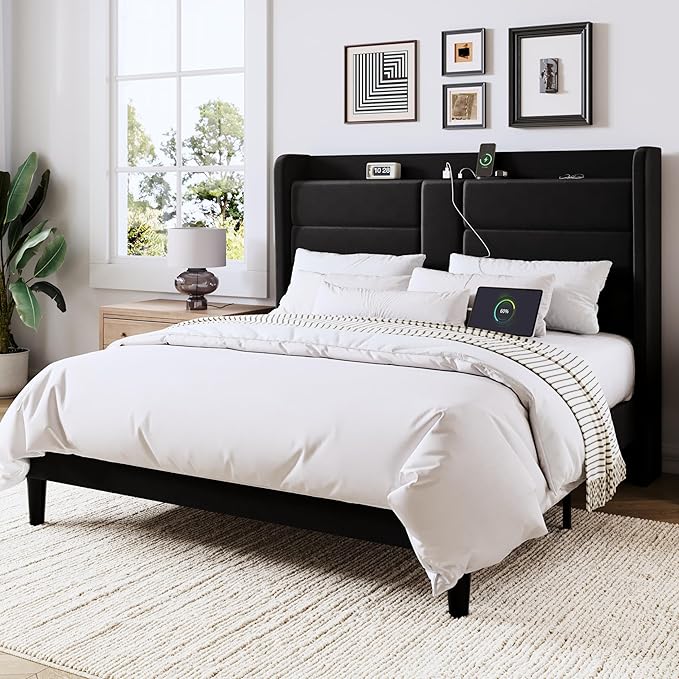 Allewie Queen Size Platform Bed Frame with Charging Station & Storage Headboard, Upholstered Velvet Wingback Design & USB Port, Strong Wooden Slats Support, No Box Spring Needed, Easy Assembly, Black