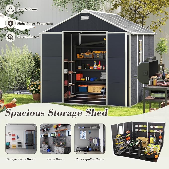 8' x 8' Resin Storage Shed Outdoor, PP Material & Strong Structure for All Weather, Plastic Garden Shed w/Window for Garden, Backyard, Poolside and Lawn, 15mm Thick PP Board - Dark Grey