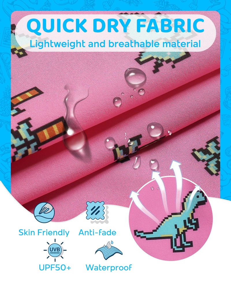 maamgic Boys Swim Trunks with Compression Liner 4-Way Stretch Quick Dry Swim Shorts Swimming Trunks Toddler Boy Dinosaur Pink 10-12 Years