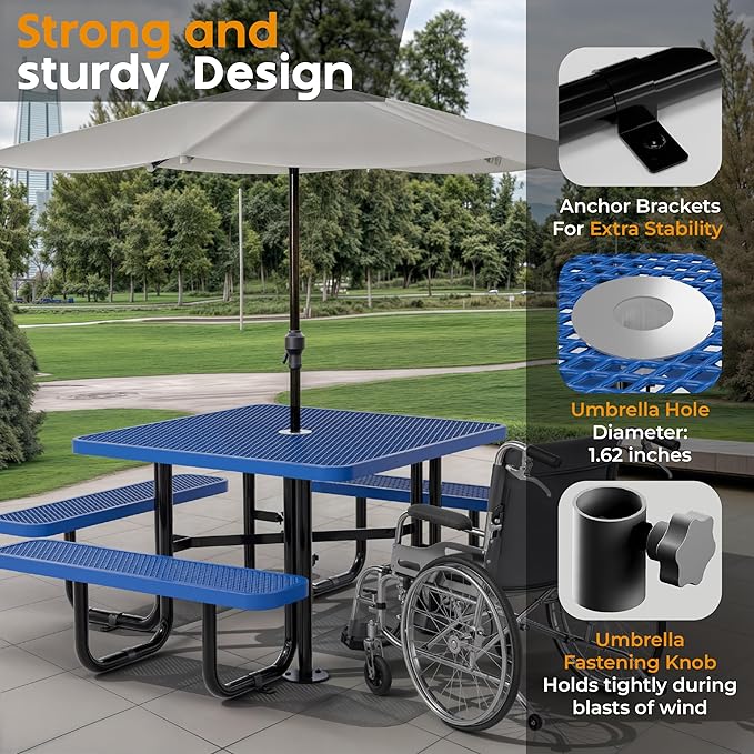 Metal Picnic Tables for Outdoors with Umbrella Hole - Coated Steel Heavy Duty Commercial Grade Furniture with Adjustable Seats (Blue, 46 in, Square, Expanded Steel)