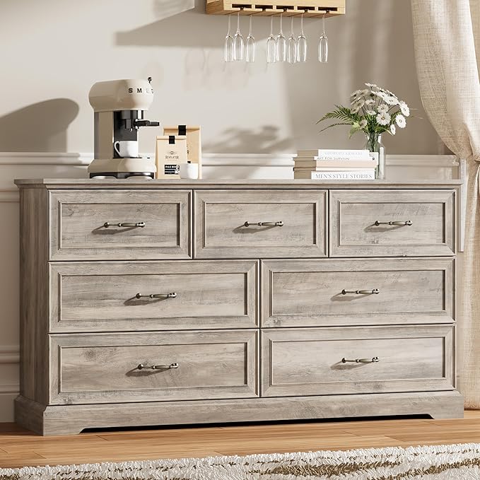 7 Drawer Dresser for Bedroom, 57" Wide Wooden Chest of Drawers, Rustic Farmhouse Dresser with Large Drawers & Metal Handles, Modern Storage Organizer for Closet, Living Room, Hallway, Grey
