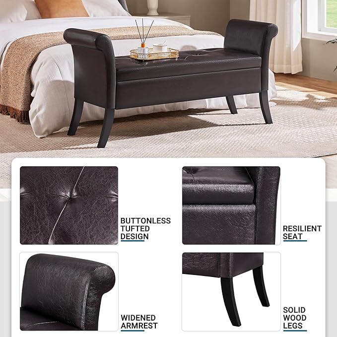 Yaheetech Ottoman with Storage, 52" PU Leather Storage Ottoman Bench with Safety Hinge, Upholstered Bench with Seating for Bedroom, Living Room, Holds up to 661 lb, Dark Brown