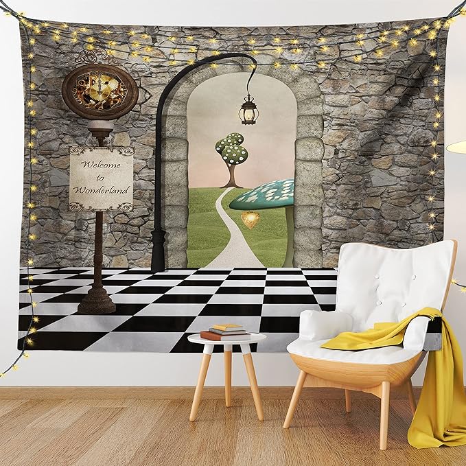 Ambesonne Alice in Wonderland Tapestry, Welcome Wonderland Black and White Floor Landscape Mushroom Print, Wall Hanging for Bedroom Living Room Dorm Decor, 40" X 60", Stone Black