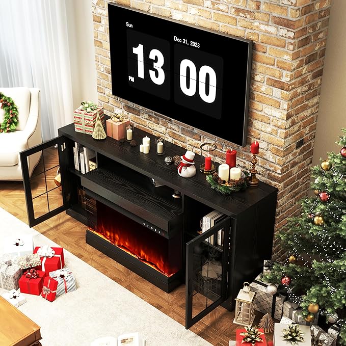 CharaVector 63 inch Fireplace TV Stand for TVs up to 75" with 30" 3-Sided Electric Fireplace, Farmhouse Entertainment Center with Glass Doors & Storage Cabinet, Black
