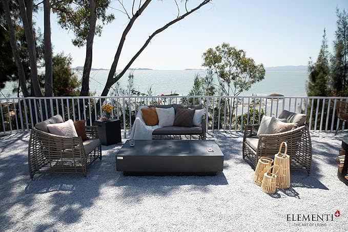 Elementi+ | Monte Carlo Gas Fire Pit Cast Concrete 60" Rectangular Fire Table, Outdoor Fire Pit Electronic Ignition | Canvas Cover, Fire Glass and Burner Lid Included | Light Gray | Propane Gas