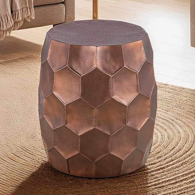 Modern Contemporary Round Aluminum Material 32" Coffee Table and 21" Height End 2PC Table Set with Glossy Diamond-Patterned Base Antique Copper