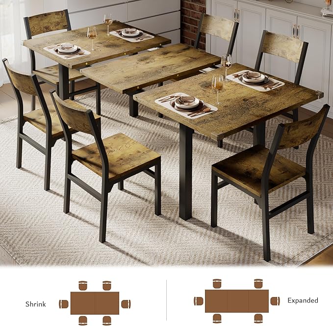 iPormis 7-Piece Dining Table & Chairs Set for 4-6, 63" Extendable Kitchen Table with 6 Chairs, Dining Room Table with MDF Board & Metal Frame, Perfect for Small Space,Easy Assembly, Rustic Brown