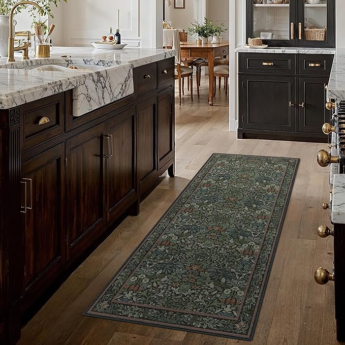 GENIMO Floral Washable Runner Rug 2’6”x6’, Non-Slip Long Hallway Carpet for Entryway, Kitchen, Indoor Floor Use, Vintage Boho Soft Thin Rug Décor, Dark Green