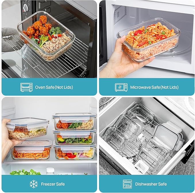 Vtopmart 5Pack 30oz Glass Storage Containers with Lids, Glass Meal Prep Food Container Sets with Snap Airtight Lids for Microwave, Oven, Freezer and Dishwasher, Grey