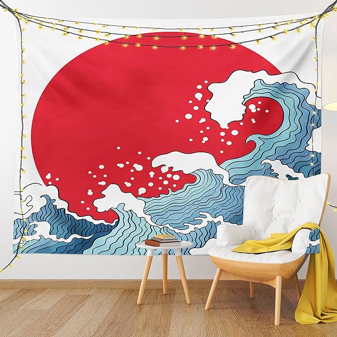 Ambesonne Japanese Wave Tapestry, Big Red Sun Setting Scenery Tropical Nautical Tsunami Swirls, Fabric Wall Hanging Decor for Bedroom Living Room Dorm, 30" X 45", Red Blue White