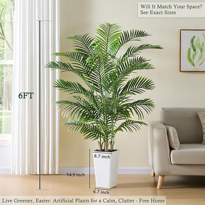 Artificial Palm Tree：6FT Tropical Fake Silk Plant UV Resistant Faux Areca Palm with White Planter & Black Pebbles for Home Office Living Room Decor Indoor Patio Porch Balcony (6FT,1-Pack,White)