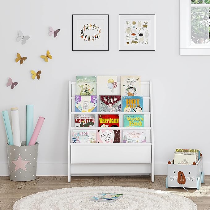UTEX Kids Bookshelf Storage, Book Shelf for Kids Rooms, 4 Tier Sling Bookshelf for Kids, Toddler, Magazine Book Rack, Children Book Organizer, White