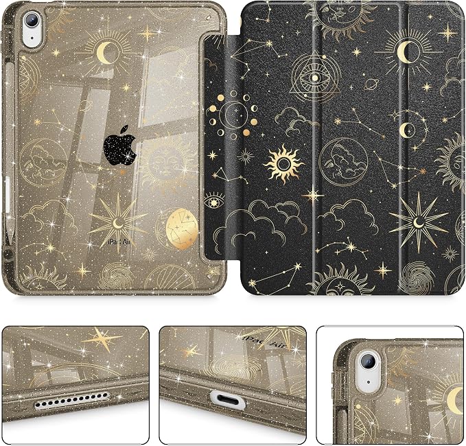 for iPad Air 11 inch M4/M3/M2 (2026/2025/2024) iPad Air 5th/4th Gen (2022/2020) 10.9 inch with Pencil Holder Glitter Clear Pretevtive Cover Auto Wake/Sleep Black Cartoon Stickers