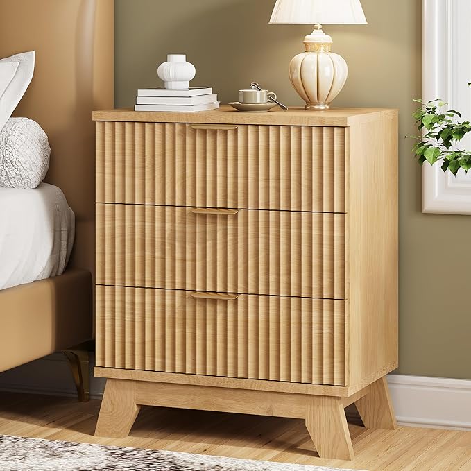 Fluted Nightstand, 24" Wide Side Table with 3 Large Storage Drawers, Mid Century Modern Wood Night Stand with Metal Handle, Wooden Bedside End Table for Bedroom, Living Room, Closet, Natural Oak
