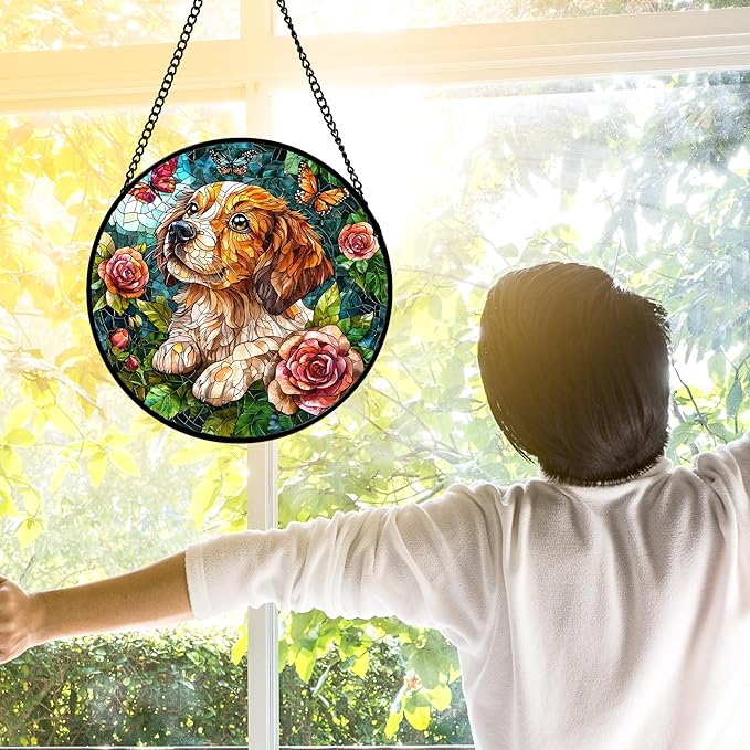 Stained Glass Window Hanging, Dog and Rose Suncatcher for Doors Home Butterfly Sun Catchers Decoration and Christmas, Mother's Day Birthday Gifts for Women, Men, and Mom 11.8x11.8 in