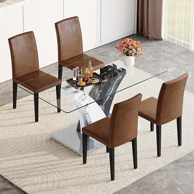 Glass Dining Table Set for 4, 63” Kitchen Table Set for 4, Modern Dining Room Table Set with Upholstered Chairs, Tempered Glass Tabletop with Y Shape Base