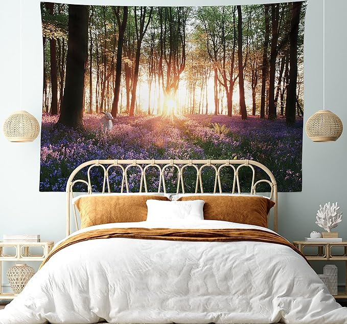 Ambesonne Forest Tapestry King Size, Bluebell Woods Sunrise with White Rabbit Sunny Spring Day in Woodland, Wall Hanging Bedspread Bed Cover Wall Decor, 104" X 88", Purple Green