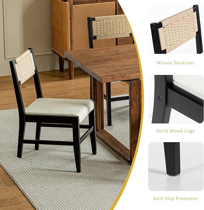 Chogori Wooden Dining Chairs, Modern Farmhouse Kitchen & Dining Room Accent Side Chairs with Woven Rope Back and Fabric Upholstered for Home, Living Room (Black, Set of 6)