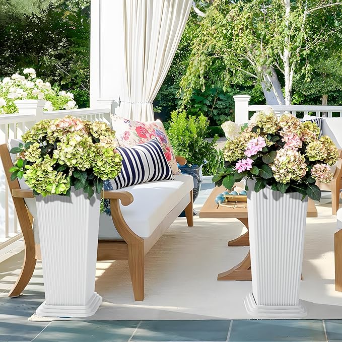Set of 2 Large Tall Planter for Indoor or Outdoor 24" Flower Pots Tapered Tall Planters with Tray for Porch, Patio, Backyard, Large Planters for Outdoor Indoor Plants(White,Striped)