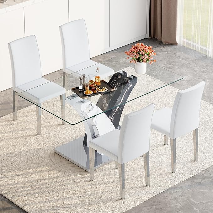 Glass Dining Table Set for 4, 63” Kitchen Table Set for 4, Modern Dining Room Table Set with Upholstered Chairs, Tempered Glass Tabletop with Y Shape Base